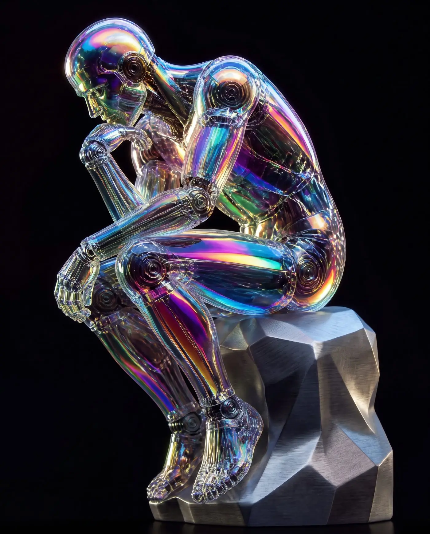 Iridescent rainbow glass robot posed as The Thinker