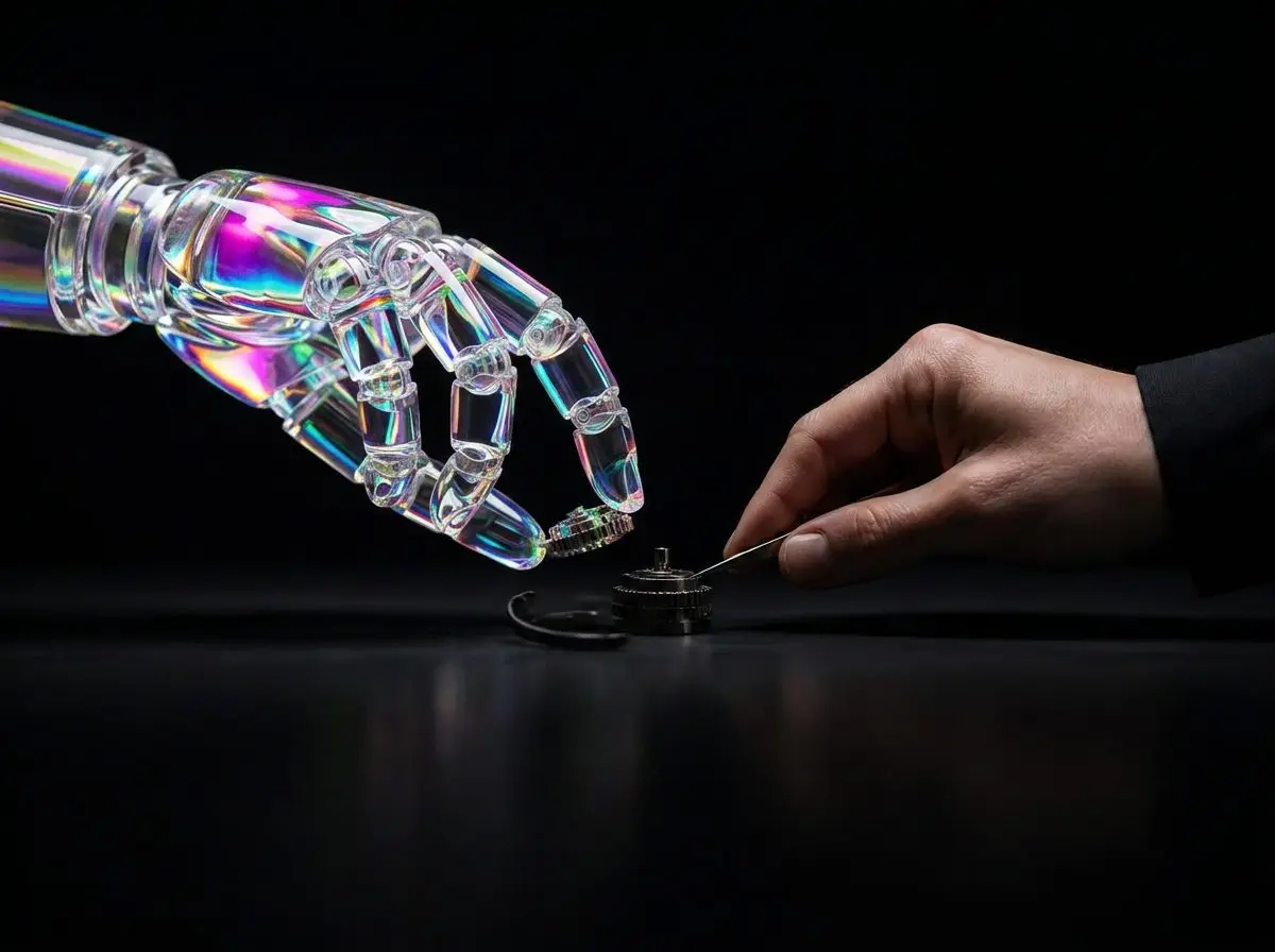 Robotic hand assembling a precision component alongside a human hand