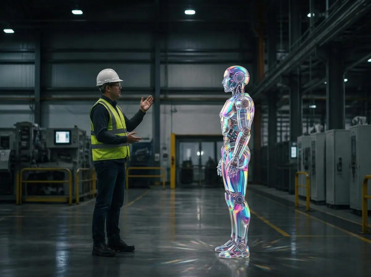 Human worker in a hard hat directing a humanoid robot in a factory
