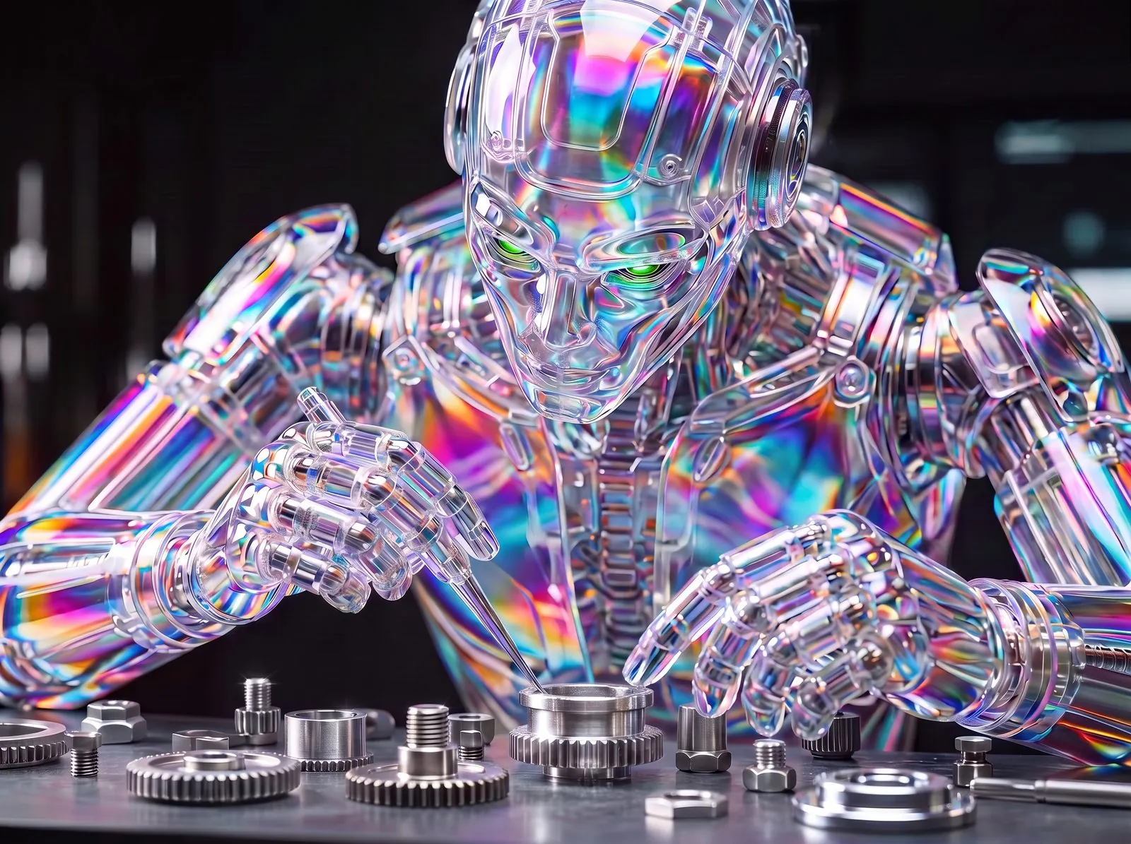 Metallic robot with glowing green eyes assembling mechanical parts