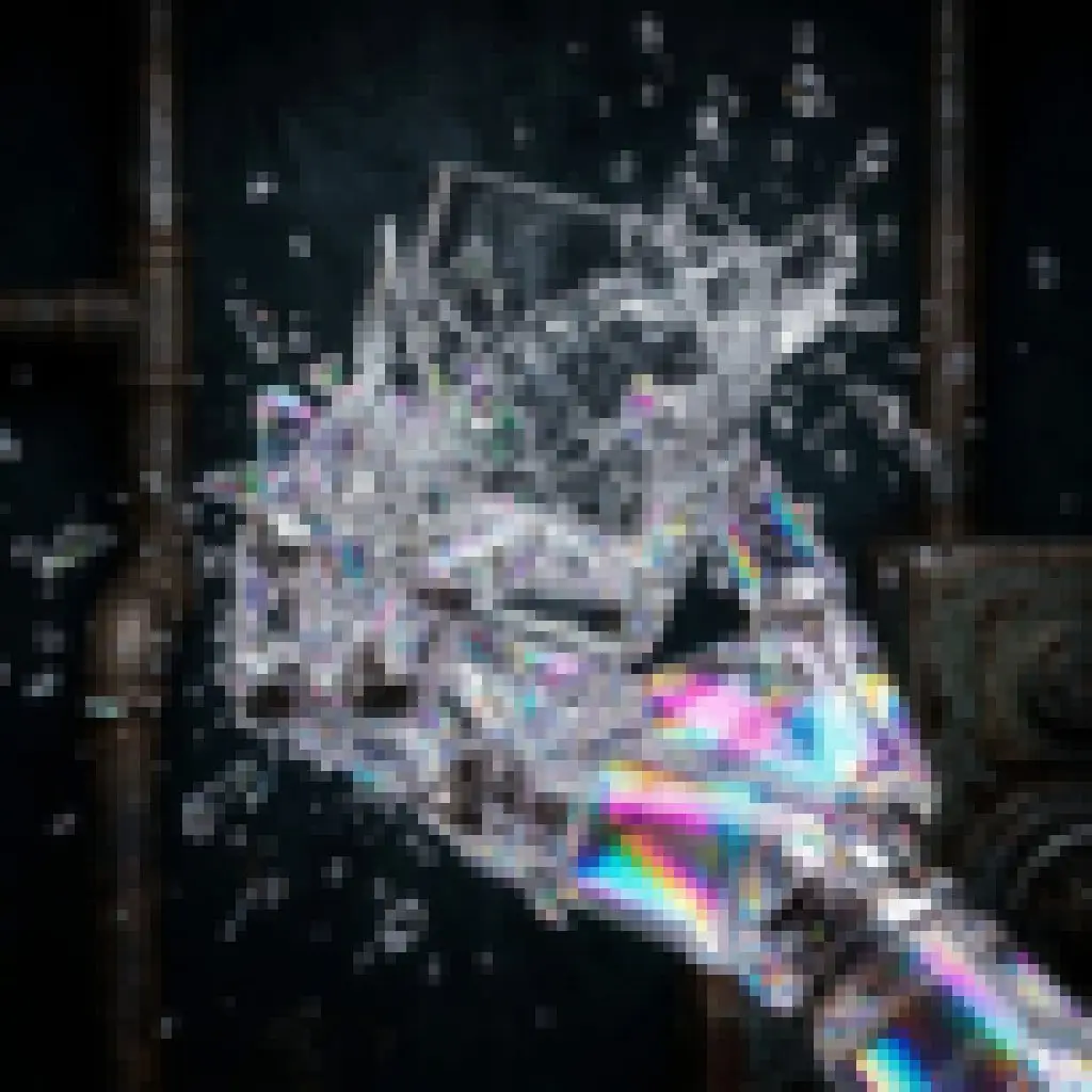 Iridescent robotic hand crushing and shattering a glass tumbler as water bursts outward