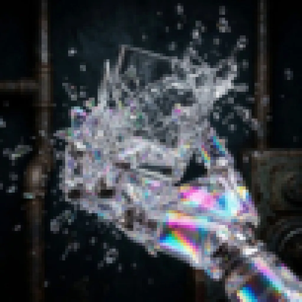 Iridescent robotic hand crushing and shattering a glass tumbler as water bursts outward