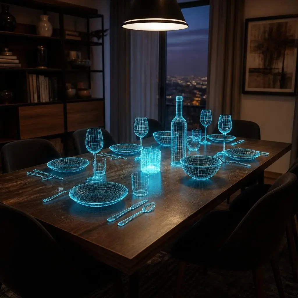 Dining table where plates, glasses, bottle, and cutlery are rendered as glowing cyan wireframe geometries while the rest of the room stays photorealistic