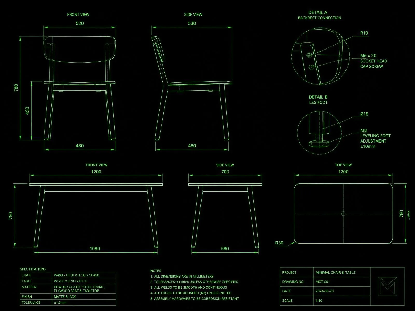 Technical drawing of a chair and table with dimension lines on a dark background