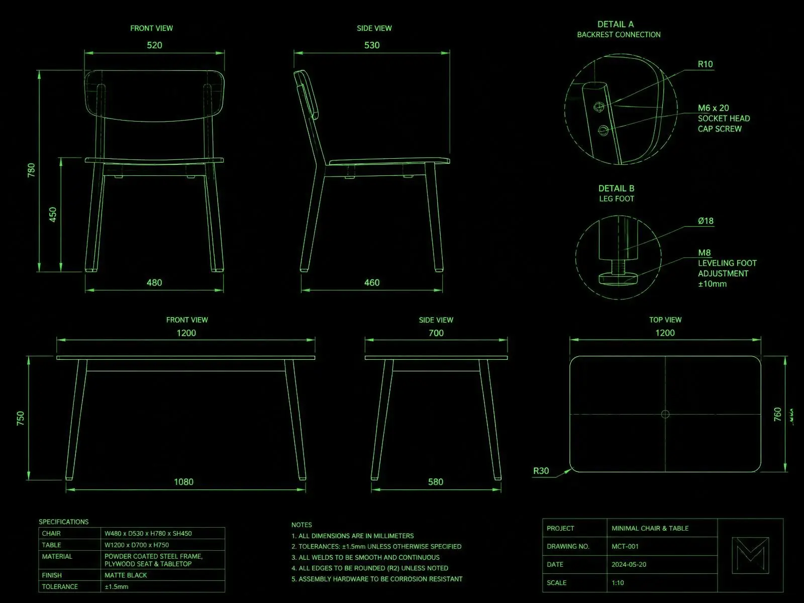 Technical drawing of a chair and table with dimension lines on a dark background